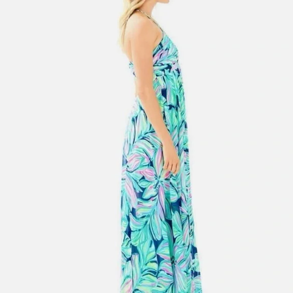 Lilly Pulitzer Lanette High Tide Navy Dancing Lady with Gold Beads and Stitch.
